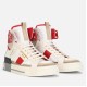Pair of Dolce & Gabbana Custom 2.Zero high-top trainers in white and red shown at an angle.