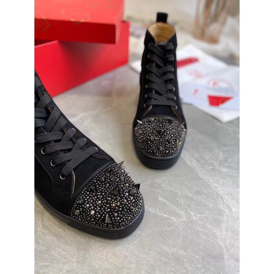 Christian Louboutin Men's Pik Pik Strass Suede High-Top Sneakers Black front toe cap detail