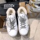 Golden Goose Super-Star White Leather Trainers Top View in white and grey Top-down view of Golden Goose white leather shearling-lined trainers in box in white and grey