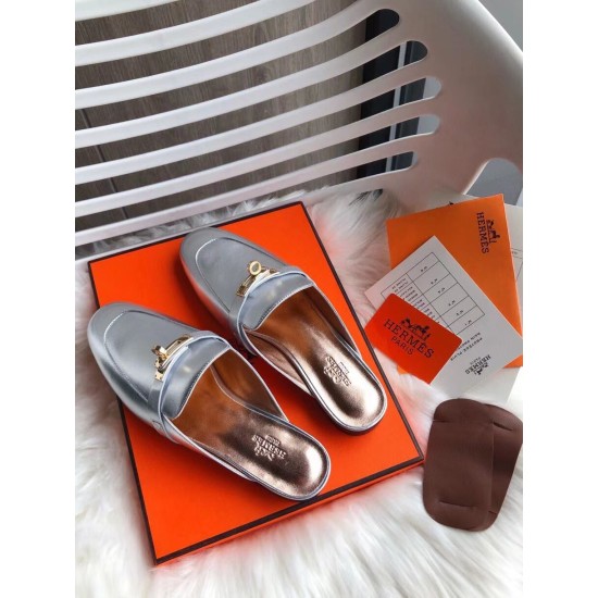 Replica Hermes 2850 H403 Buddha Luxury Replica Hermes Oz Mules In Silver Metallic Calfskin Uk - 2850 - Buddha Luxury
