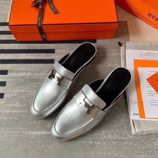 replica Hermes Trocadero Mules In Silver Nappa Leather UK