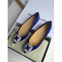 Manolo Blahnik Hangisi Flats In Blue Satin with Crystal Buckle UK