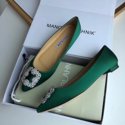 Manolo Blahnik Hangisi Flats In Green Satin with Crystal Buckle UK