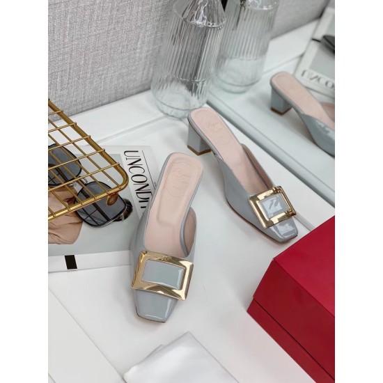 replica Roger Vivier Belle Vivier Metal Buckle Mules in Blue Patent Leather UK