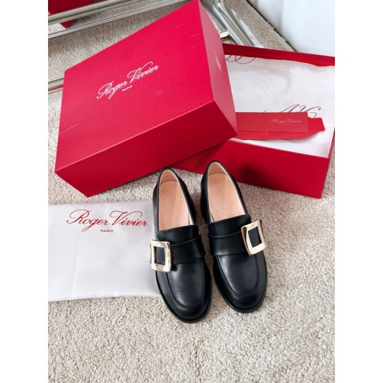replica Roger Vivier Viv Rangers Metal Buckle Loafers in Black Leather UK
