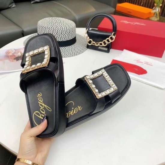 replica Roger Vivier Vivier Slide Strass Buckle Mules in Black Leather UK