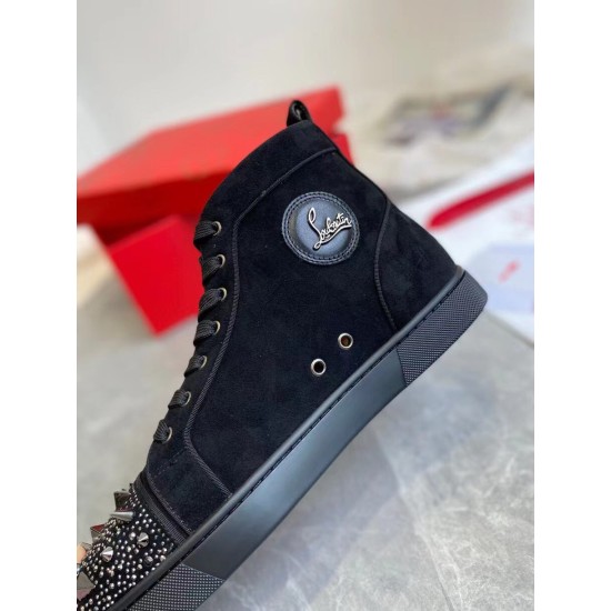 Christian Louboutin Men's Pik Pik Strass Suede High-Top Sneakers Black close-up side badge detail
