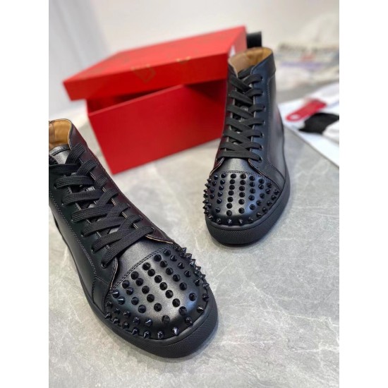 Christian Louboutin Men's Black Spiked High-Top Sneakers Toe Cap Detail Top-down view of the spiked toe caps on Christian Louboutin Men's Black Leather High-Top Sneakers