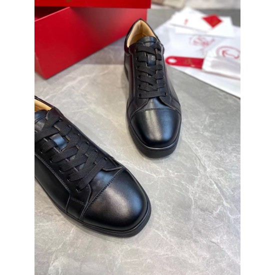 Christian Louboutin Louis Junior Flat Black Leather Toe View Top-down view focusing on the lace-up closure and cap toe of Christian Louboutin Louis Junior Flat black trainers