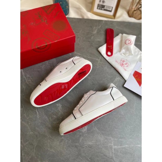 Pair of Christian Louboutin Vieirissima white leather trainers shown alongside signature red outsole in white and black