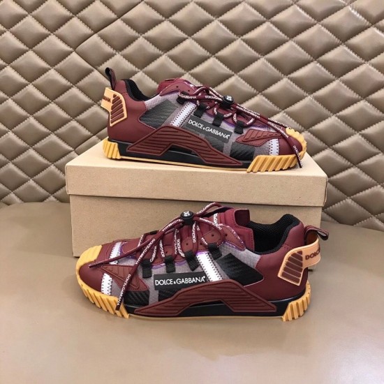 Dolce & Gabbana Bordeaux Red Fabric Trainers - Display Pair Pair of bordeaux red Dolce & Gabbana fabric trainers displayed on top of a shoebox