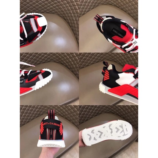 Dolce & Gabbana Red Trainer Details and Sole Composite View Six panel close-up view displaying details of Dolce & Gabbana red fabric trainers including sole and heel