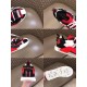 Dolce & Gabbana Red Trainer Details and Sole Composite View Six panel close-up view displaying details of Dolce & Gabbana red fabric trainers including sole and heel