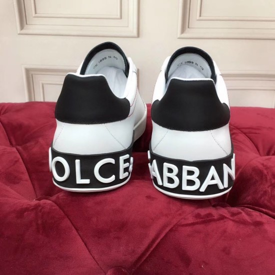 Rear view of Dolce & Gabbana Portofino trainers highlighting macro heel logo in white