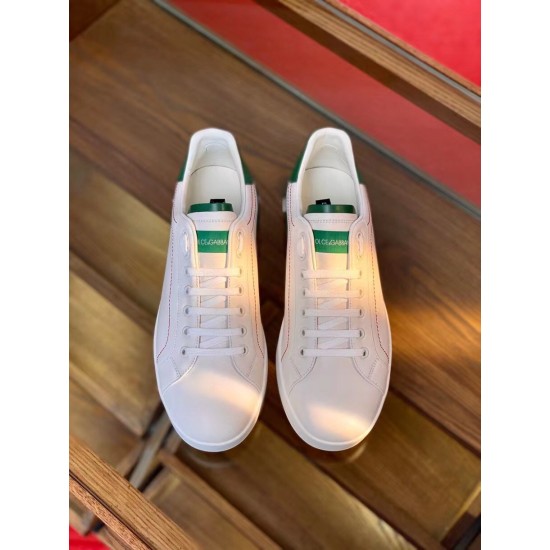 Dolce & Gabbana Portofino White Trainers Overhead View in white and green Direct top view of both white leather Portofino trainers showing laces and green tongue patches