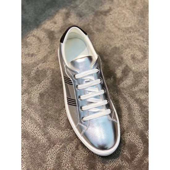 Hermes Avantage Metallic Silver Trainer Top View Top view of a single metallic silver leather trainer with white lacing