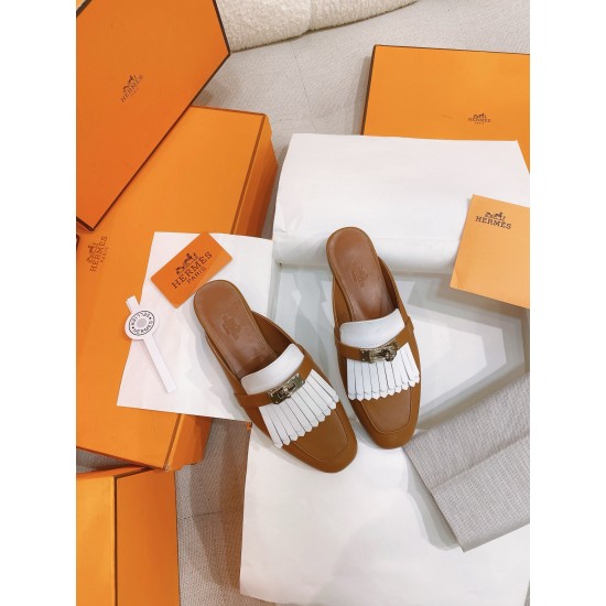 replica hermesoz mules with fringed in brown/white leather uk
