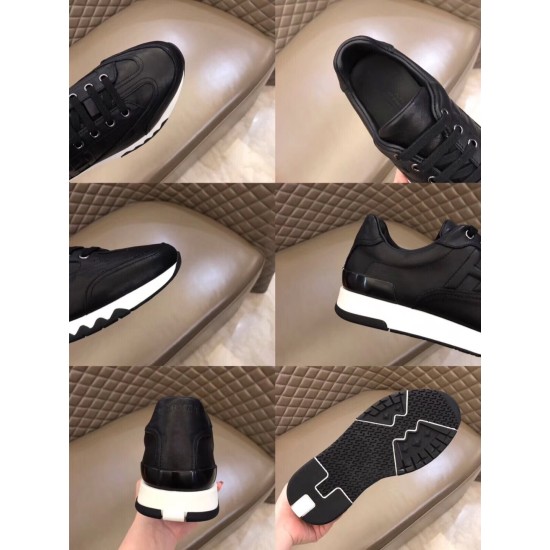 Hermes Trail black leather trainer detail collage showing heel sole and toe in black and white