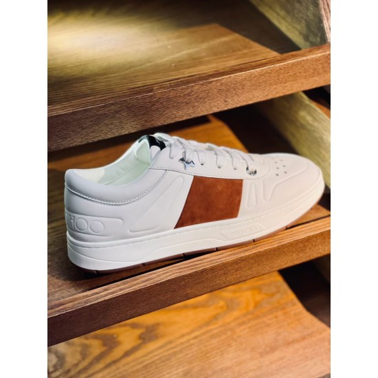 Jimmy Choo Leather Low Top Trainers White Brown Display View Jimmy Choo Leather Low Top Trainers White Brown single shoe on display shelf