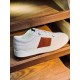 Jimmy Choo Leather Low Top Trainers White Brown Display View Jimmy Choo Leather Low Top Trainers White Brown single shoe on display shelf
