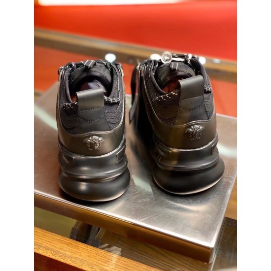 Versace Chain Reaction Trainers Rear Heel Detail in black Rear view of black Versace Chain Reaction trainers showing Medusa heel detail