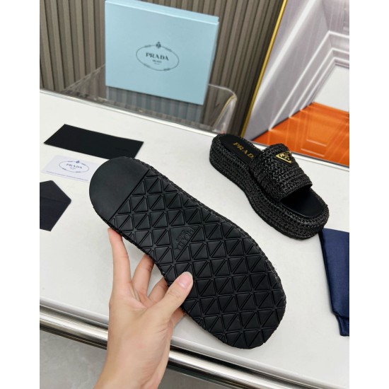 replica Prada Crochet Flatform Slides in Black Raffia-effect Yarn UK