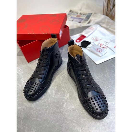 Christian Louboutin Men's Black Spiked High-Top Sneakers Pair Display Pair of Christian Louboutin Men's Black Leather Spiked High-Top Sneakers displayed together with packaging