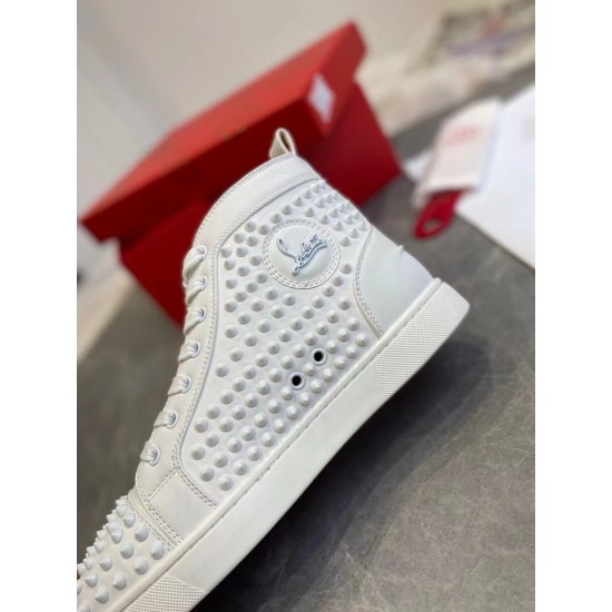 Christian Louboutin Louis Spikes Flat white leather trainer side panel logo badge close-up