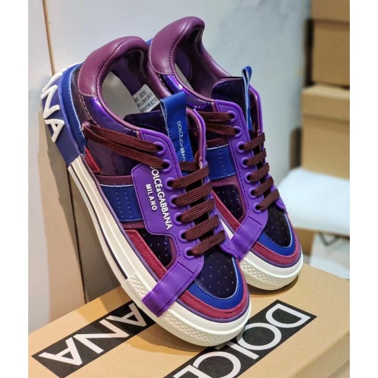 Dolce & Gabbana Purple Low Top Trainers Pair View Angled front view of both Dolce & Gabbana purple trainers resting on box