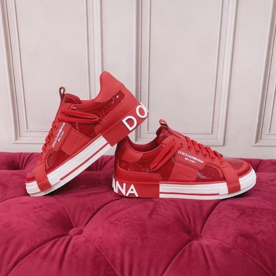Dolce & Gabbana Custom 2.Zero Red Trainers Dual Side View Side profile view of paired Dolce & Gabbana Custom 2.Zero red trainers showing outer branding
