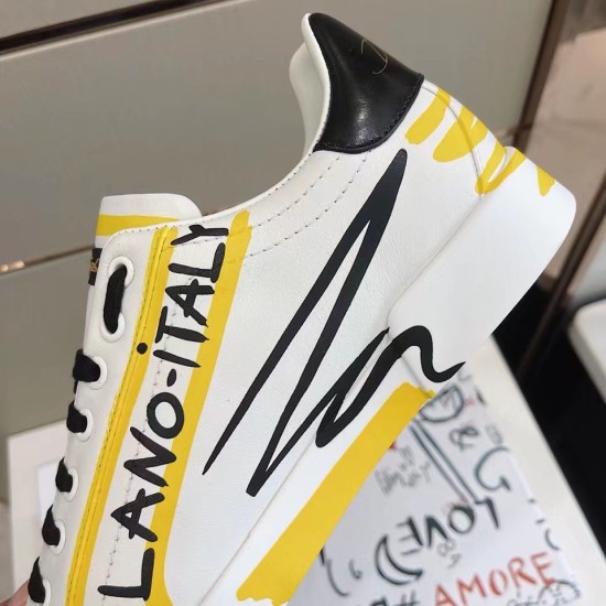 Dolce & Gabbana Portofino Printed White And Yellow Leather Trainer Medial Side Dolce & Gabbana Portofino Printed White And Yellow Leather Trainer medial side painted text detail
