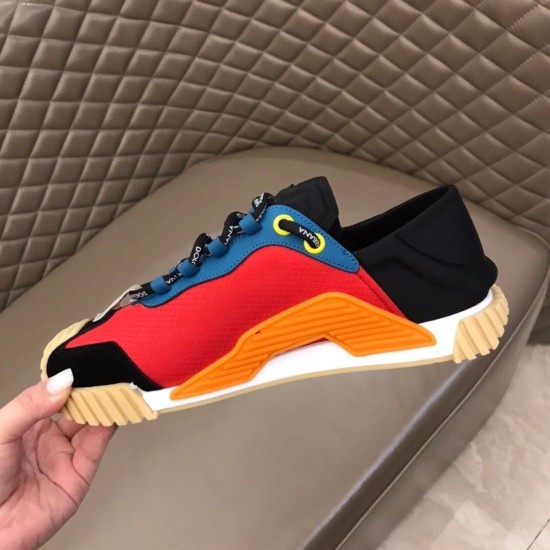 Dolce & Gabbana Red Mesh Trainer Medial Profile Medial side view of Dolce & Gabbana red mesh trainer showing blue and orange panels