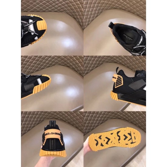 Collage of six detailed close-up views of Dolce & Gabbana black trainers in black and tan