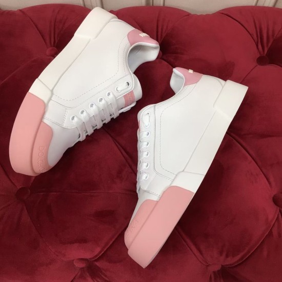 Dolce & Gabbana Portofino White Leather Trainers Pair Layout in white and pink Dolce & Gabbana Portofino white leather trainers pair top angle layout in white and pink
