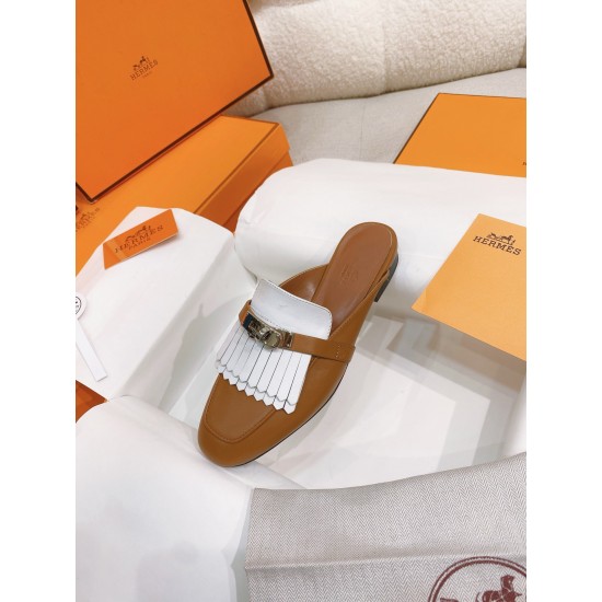 replica hermesoz mules with fringed in brown/white leather uk