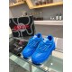 Versace Odissea Blue Leather Trainers Front Angle Frontal high-angle view of both blue Versace Odissea trainers showcasing the tongue patches
