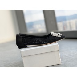 Manolo Blahnik Hangisi Flats In Black Lace with Crystal Buckle UK