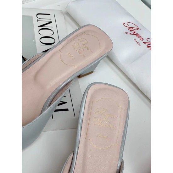 replica Roger Vivier Belle Vivier Metal Buckle Mules in Blue Patent Leather UK