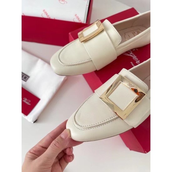 replica Roger Vivier Soft Metal Buckle Loafers in White Leather UK
