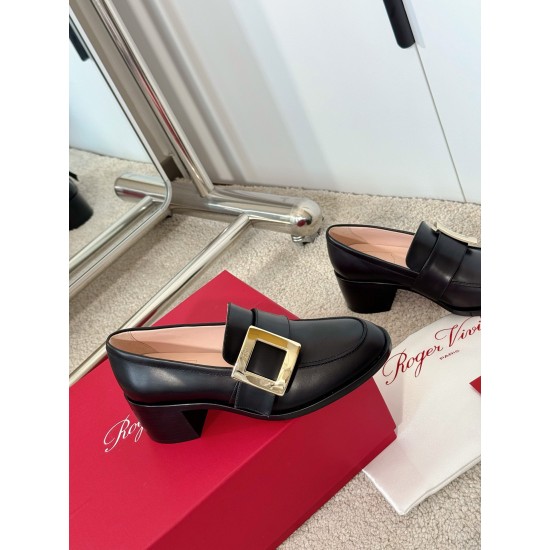 replica Roger Vivier Viv Rangers Metal Buckle Loafers in Black Leather UK