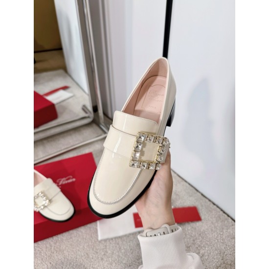 Replica Roger Vivier Viv Rangers Strass Buckle Loafers in White Patent Leather UK replica Roger Vivier Viv Rangers Strass Buckle Loafers in White Patent Leather UK
