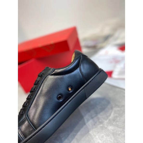 Christian Louboutin Louis Junior Flat Black Leather Detail Close-up detail of the black leather upper and ventilation eyelets on the Christian Louboutin Louis Junior Flat trainer