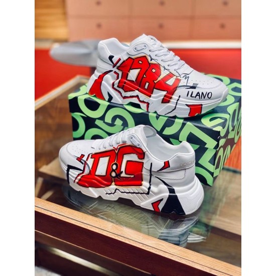 Dolce & Gabbana White Graffiti Trainers Side View Dolce & Gabbana white graffiti trainers showcasing side DG logo graphic