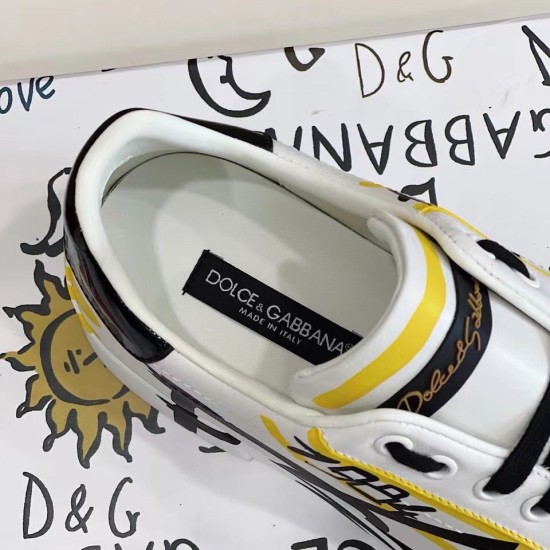 Dolce & Gabbana Portofino Printed White And Yellow Leather Trainer Insole Dolce & Gabbana Portofino Printed White And Yellow Leather Trainer inner footbed and collar label
