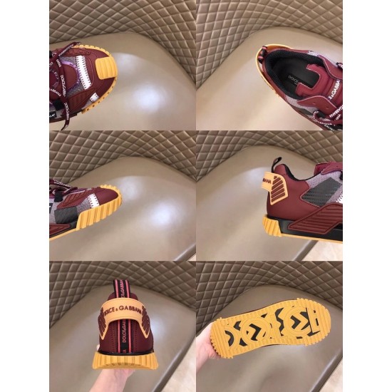 Dolce & Gabbana Bordeaux Red Fabric Trainer - Detail Collage Six-panel composite grid showing toe bumper, inner lining, heel tab, and tread details in red