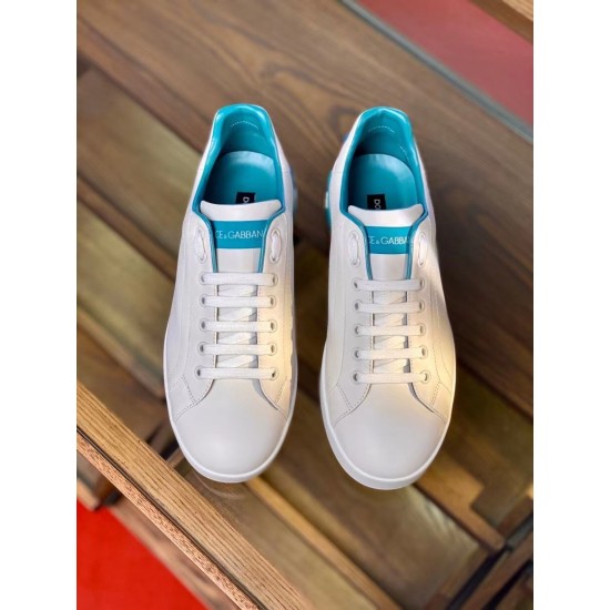 Dolce & Gabbana Portofino Trainers Overhead View in white and blue Top-down view of white Dolce & Gabbana Portofino Trainers with azure linings in white and blue