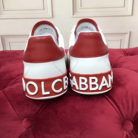 Dolce & Gabbana Portofino Trainers Rear Logo Detail in white and red Rear view showing the large white embossed logo on the red heel cup of the trainers