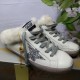 Golden Goose Super-Star Sabot Profile View in white Golden Goose Super-Star Sabot white leather shearling trainers three-quarter profile