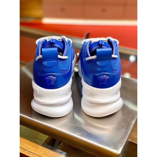 Versace Chain Reaction Blue Trainers Heel View in blue and white Rear view of pair of blue Versace Chain Reaction trainers showing Medusa heel detail in blue and white
