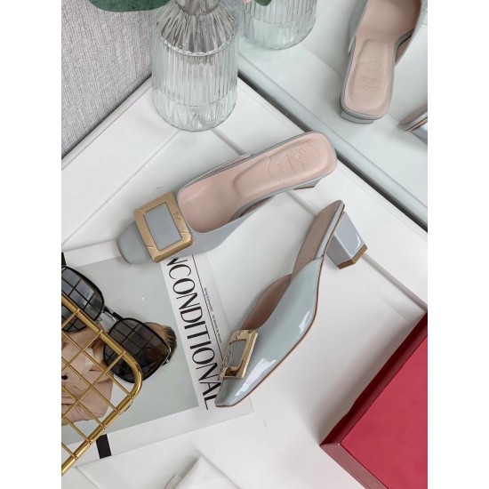 replica Roger Vivier Belle Vivier Metal Buckle Mules in Blue Patent Leather UK